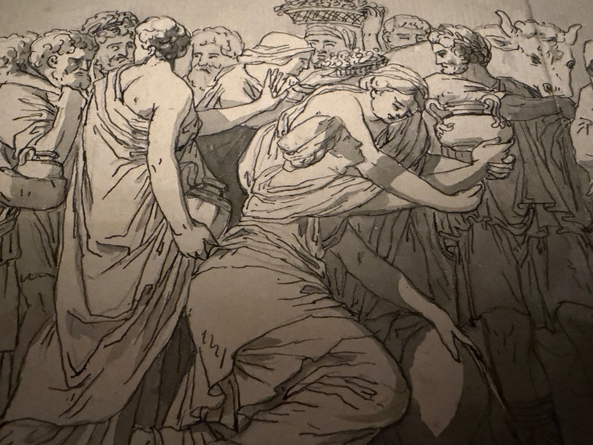 dessin, plume, encre grise, reprise d’un bas relief antique, d’après Polidoro da Caravagi-photo-4