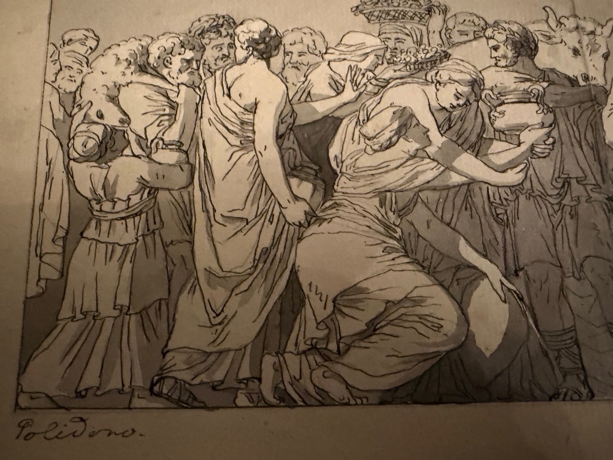 dessin, plume, encre grise, reprise d’un bas relief antique, d’après Polidoro da Caravagi-photo-5