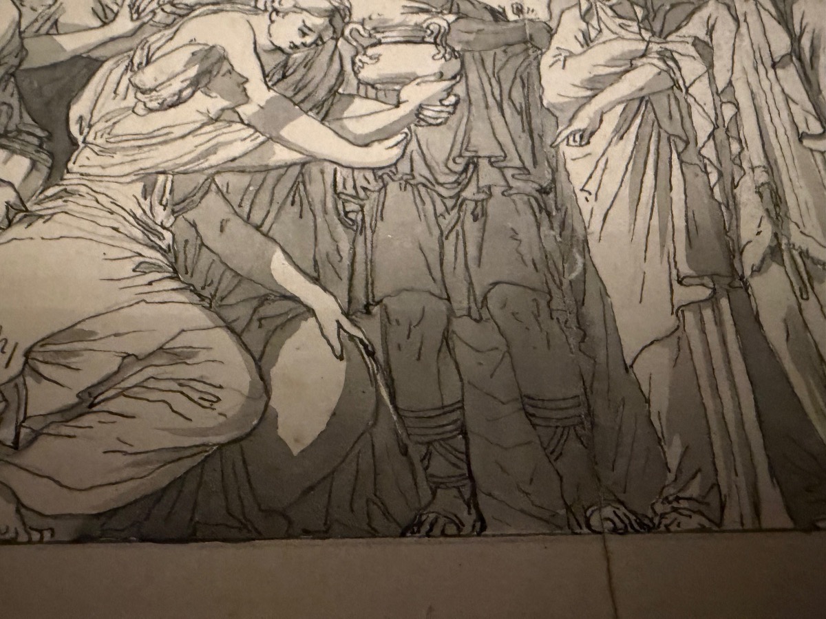 dessin, plume, encre grise, reprise d’un bas relief antique, d’après Polidoro da Caravagi-photo-6