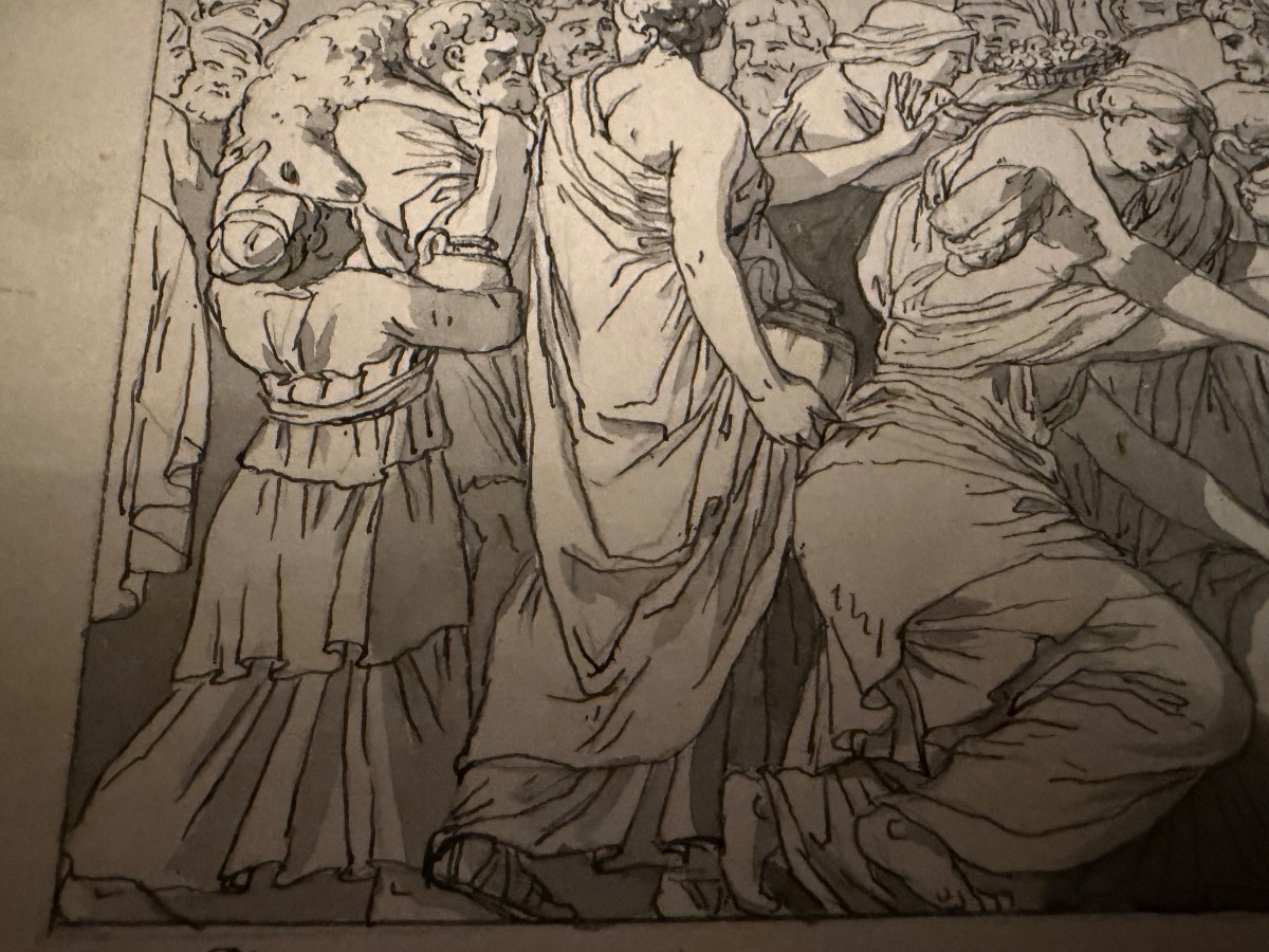 dessin, plume, encre grise, reprise d’un bas relief antique, d’après Polidoro da Caravagi-photo-7