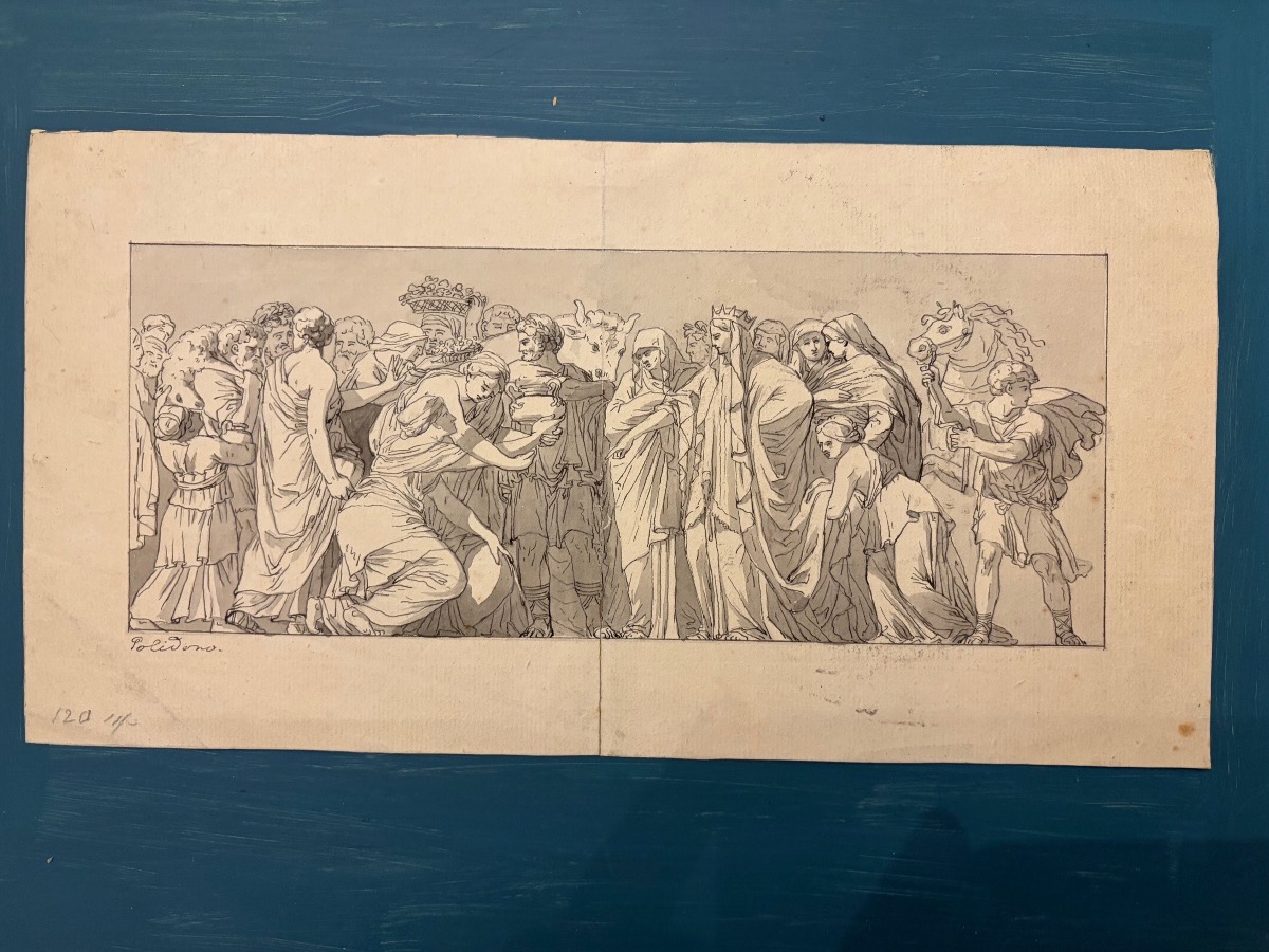 dessin, plume, encre grise, reprise d’un bas relief antique, d’après Polidoro da Caravagi