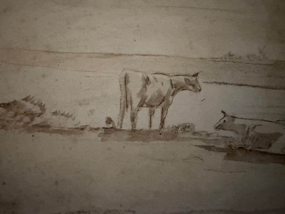 Dessin sur papier vergé, bord de rivière, troupeau de vaches. Pêcheur, moulin. XVIII éme siècle-photo-2