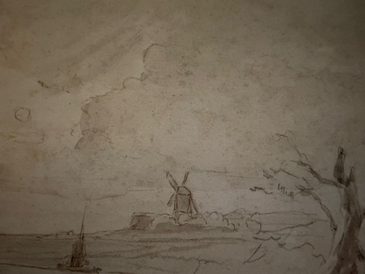 Dessin sur papier vergé, bord de rivière, troupeau de vaches. Pêcheur, moulin. XVIII éme siècle-photo-4
