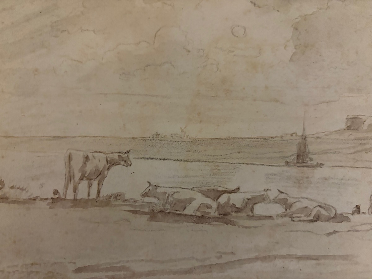 Dessin sur papier vergé, bord de rivière, troupeau de vaches. Pêcheur, moulin. XVIII éme siècle-photo-1