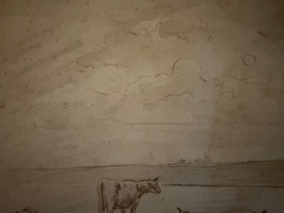 Dessin sur papier vergé, bord de rivière, troupeau de vaches. Pêcheur, moulin. XVIII éme siècle-photo-2