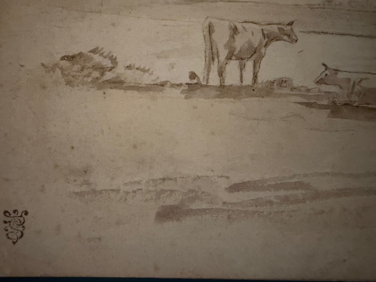 Dessin sur papier vergé, bord de rivière, troupeau de vaches. Pêcheur, moulin. XVIII éme siècle-photo-3