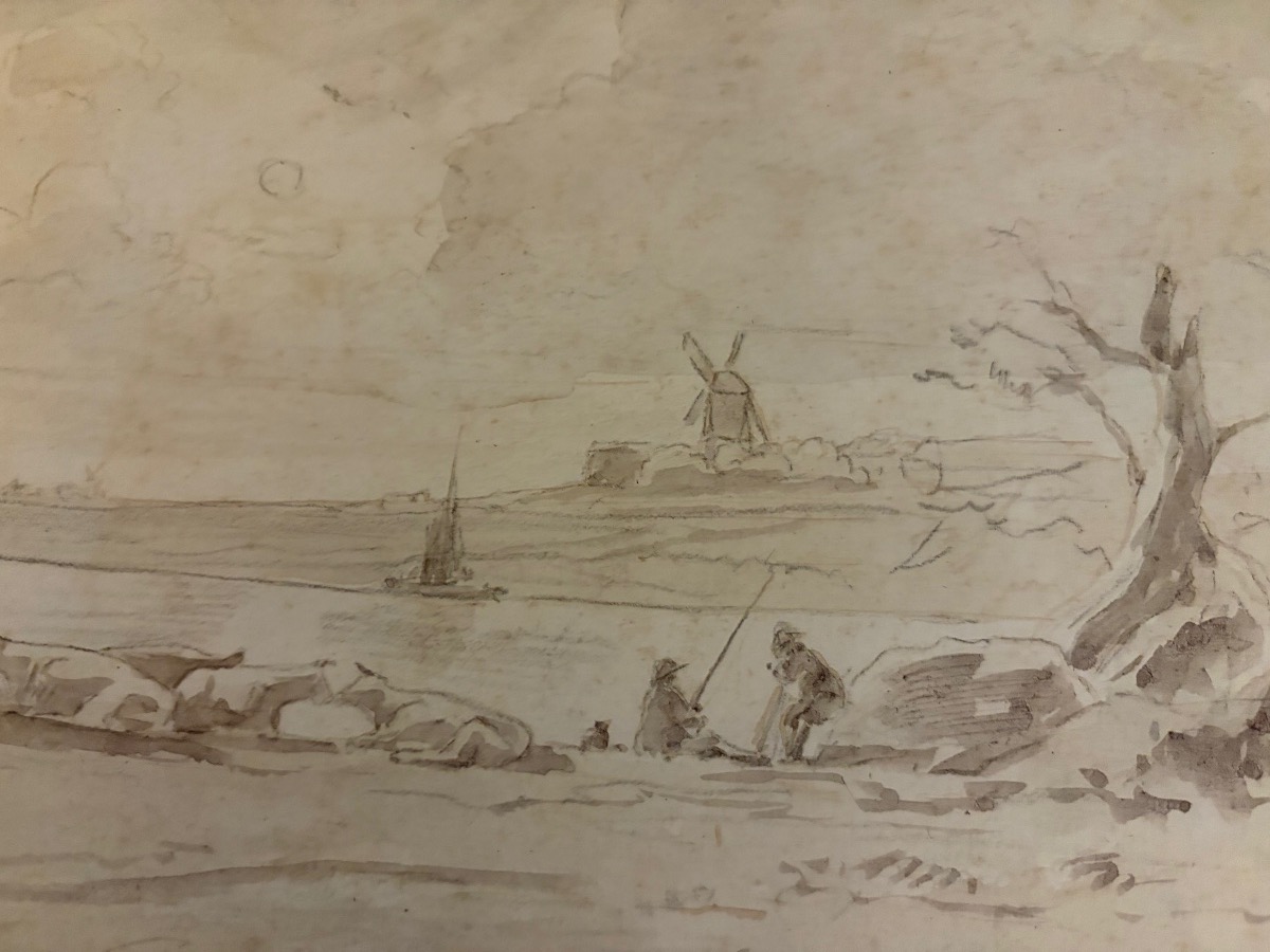 Dessin sur papier vergé, bord de rivière, troupeau de vaches. Pêcheur, moulin. XVIII éme siècle