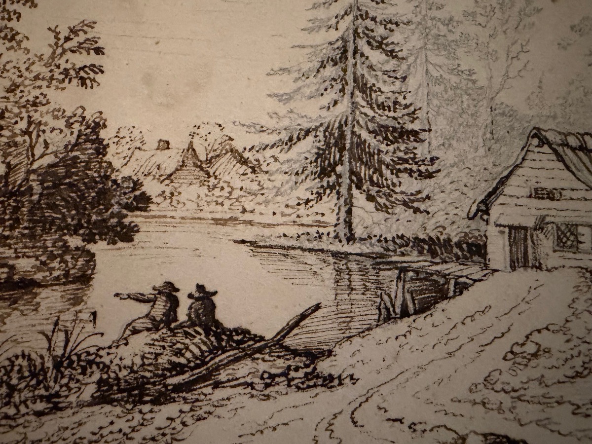 Brown-ink Drawing, Lively Landscape, Germany, Fir Trees, River, Old Houses. Late 18th Century.-photo-3