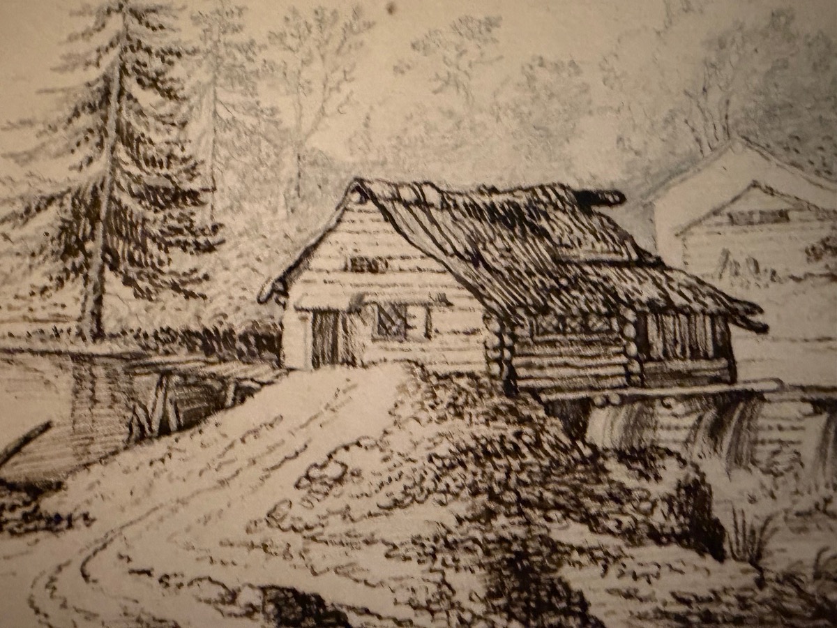 Brown-ink Drawing, Lively Landscape, Germany, Fir Trees, River, Old Houses. Late 18th Century.-photo-4
