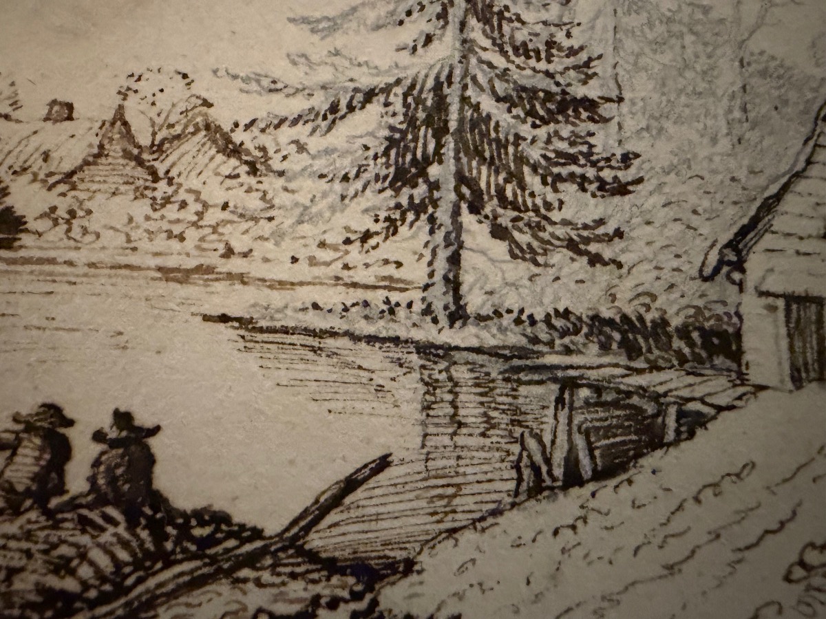 Brown-ink Drawing, Lively Landscape, Germany, Fir Trees, River, Old Houses. Late 18th Century.-photo-7