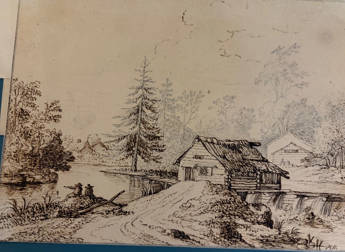 Brown-ink Drawing, Lively Landscape, Germany, Fir Trees, River, Old Houses. Late 18th Century.