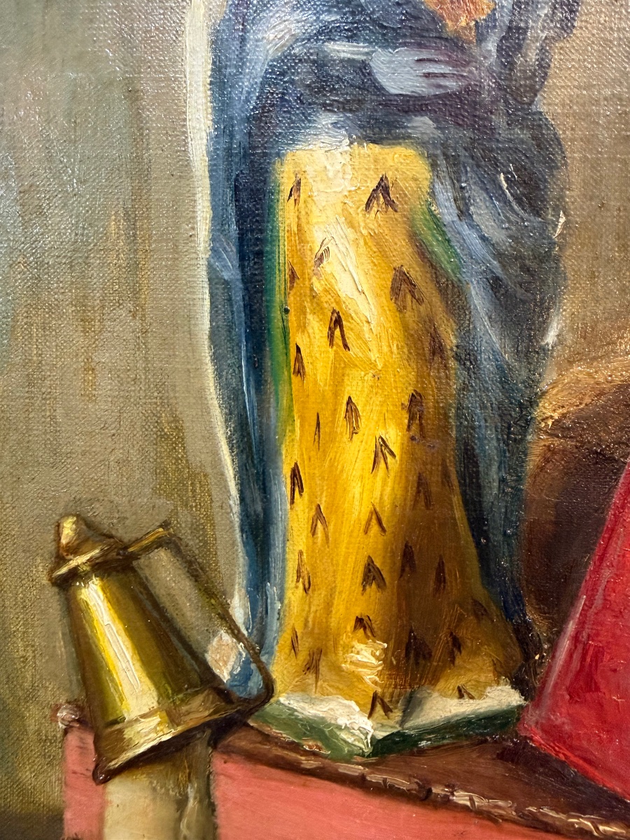 Oil On Canvas, Still Life, Antique Books, Inkwell, Earthenware Virgin. Signed "urrich," 1913.-photo-2