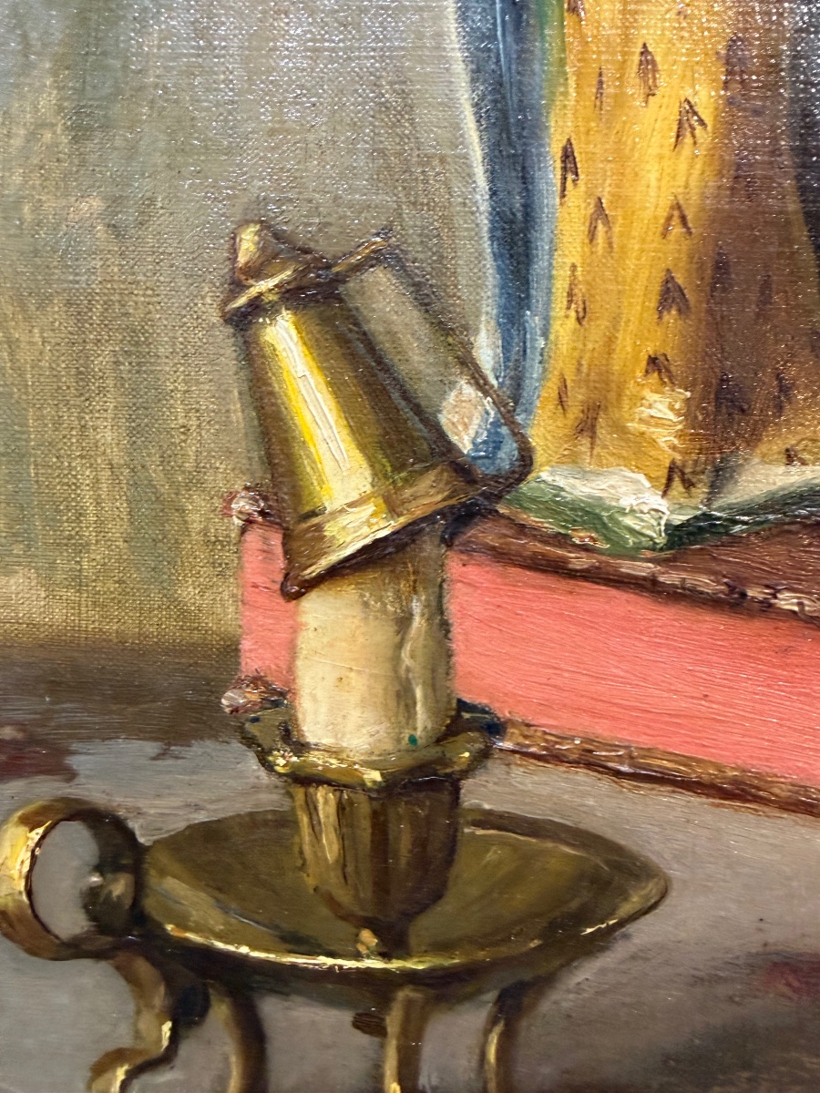 Oil On Canvas, Still Life, Antique Books, Inkwell, Earthenware Virgin. Signed "urrich," 1913.-photo-3
