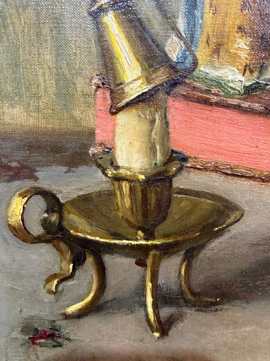 Oil On Canvas, Still Life, Antique Books, Inkwell, Earthenware Virgin. Signed "urrich," 1913.-photo-4