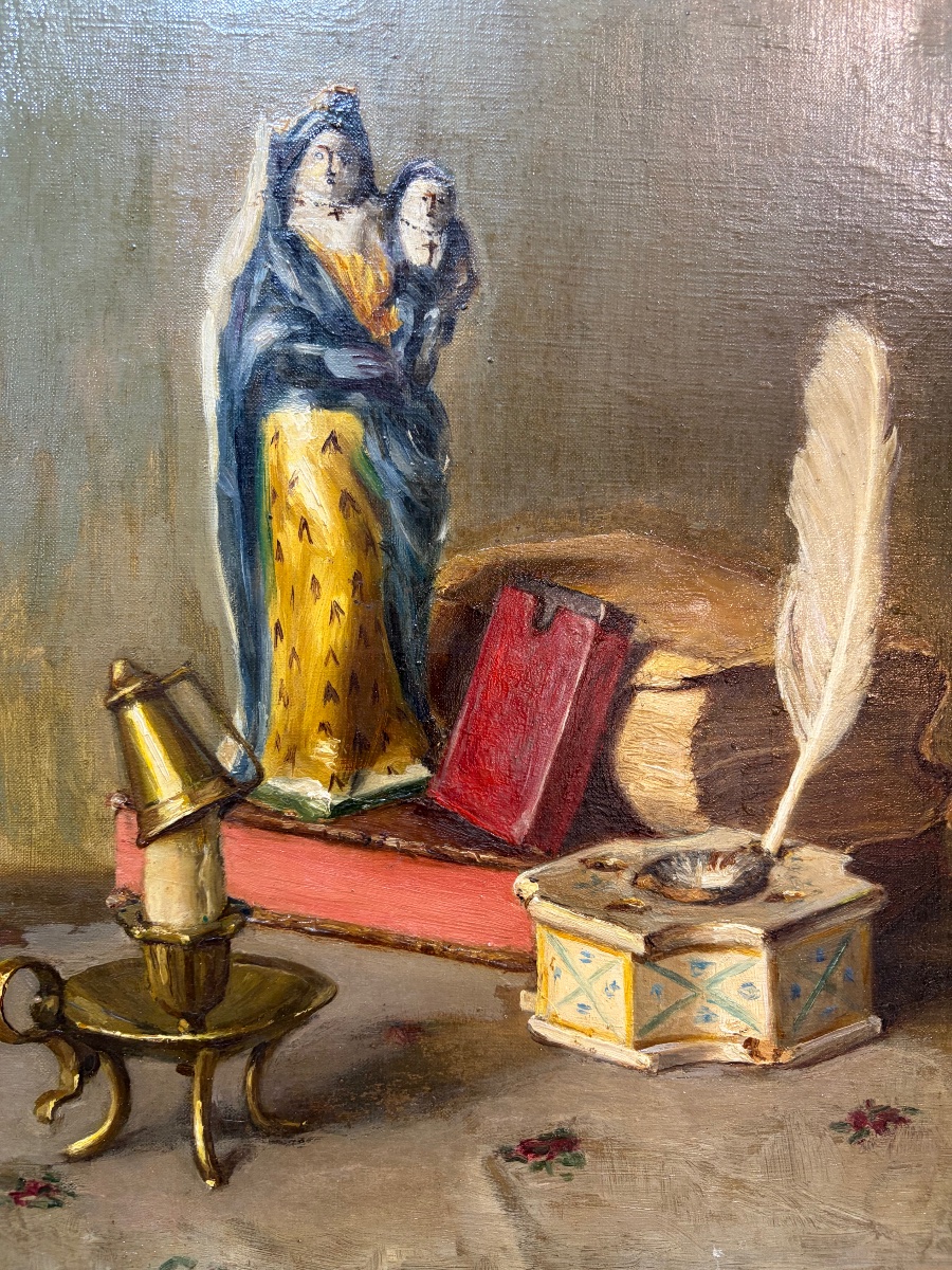 Oil On Canvas, Still Life, Antique Books, Inkwell, Earthenware Virgin. Signed "urrich," 1913.-photo-2