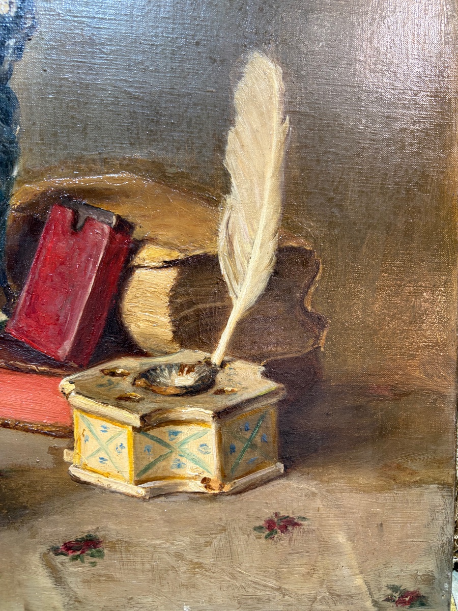 Oil On Canvas, Still Life, Antique Books, Inkwell, Earthenware Virgin. Signed "urrich," 1913.-photo-3
