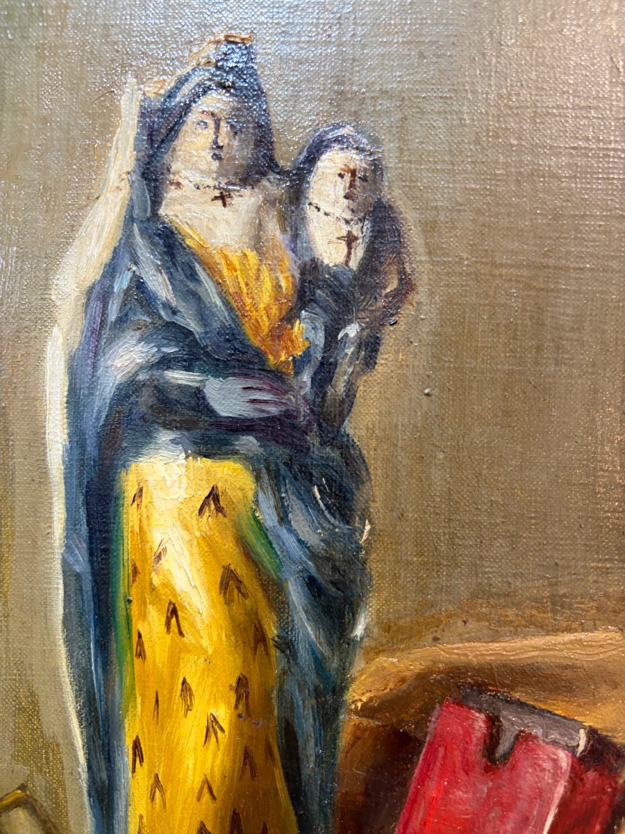 Oil On Canvas, Still Life, Antique Books, Inkwell, Earthenware Virgin. Signed "urrich," 1913.-photo-6