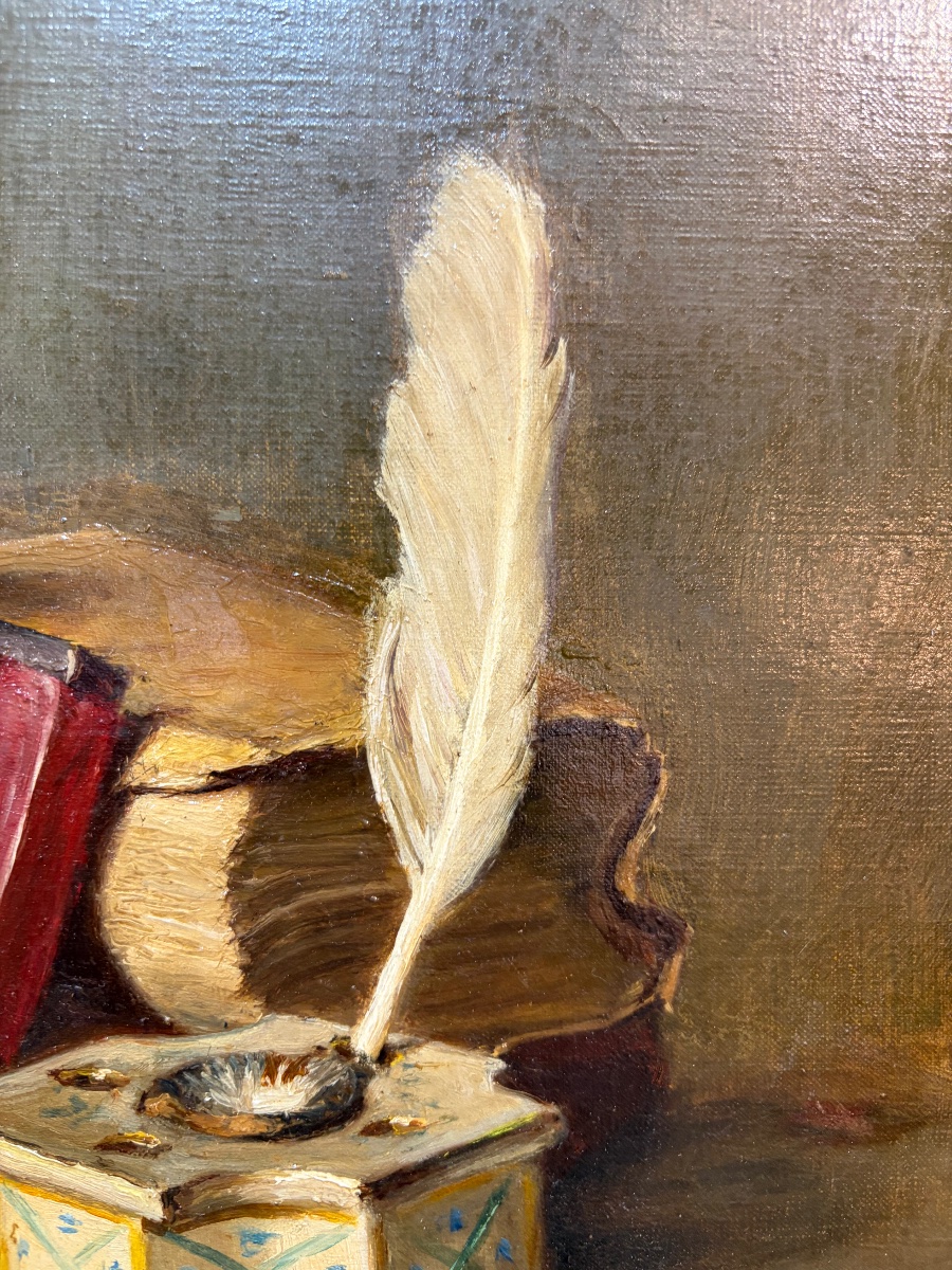 Oil On Canvas, Still Life, Antique Books, Inkwell, Earthenware Virgin. Signed "urrich," 1913.-photo-7
