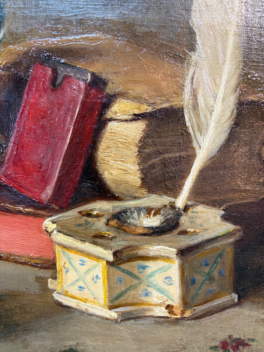 Oil On Canvas, Still Life, Antique Books, Inkwell, Earthenware Virgin. Signed "urrich," 1913.-photo-8