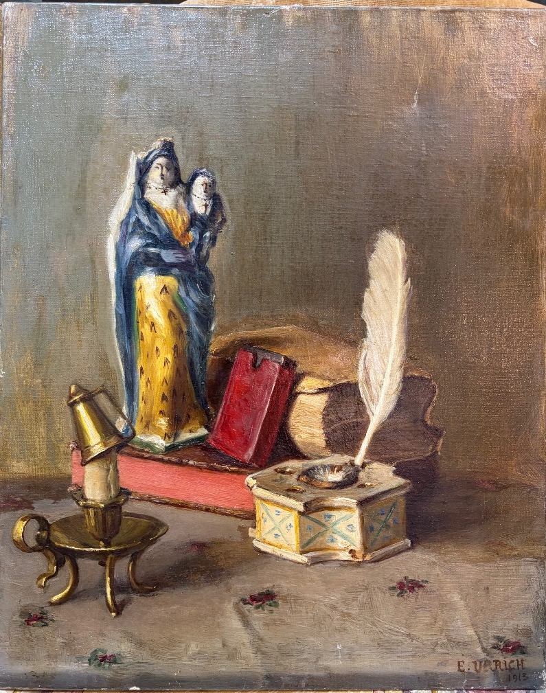 Oil On Canvas, Still Life, Antique Books, Inkwell, Earthenware Virgin. Signed "urrich," 1913.