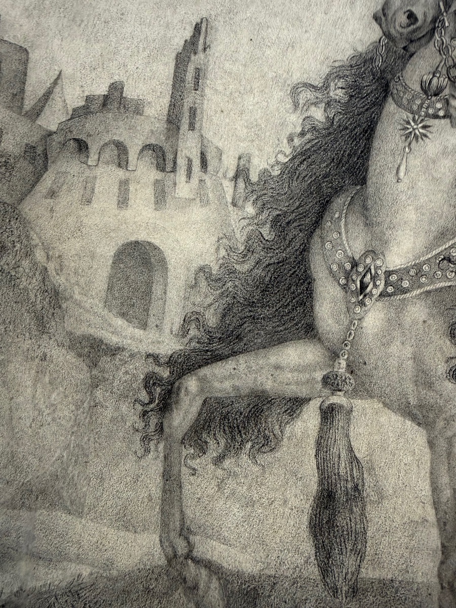 Black Chalk Drawing, Dated 1822, “the Persian Horse.”-photo-2