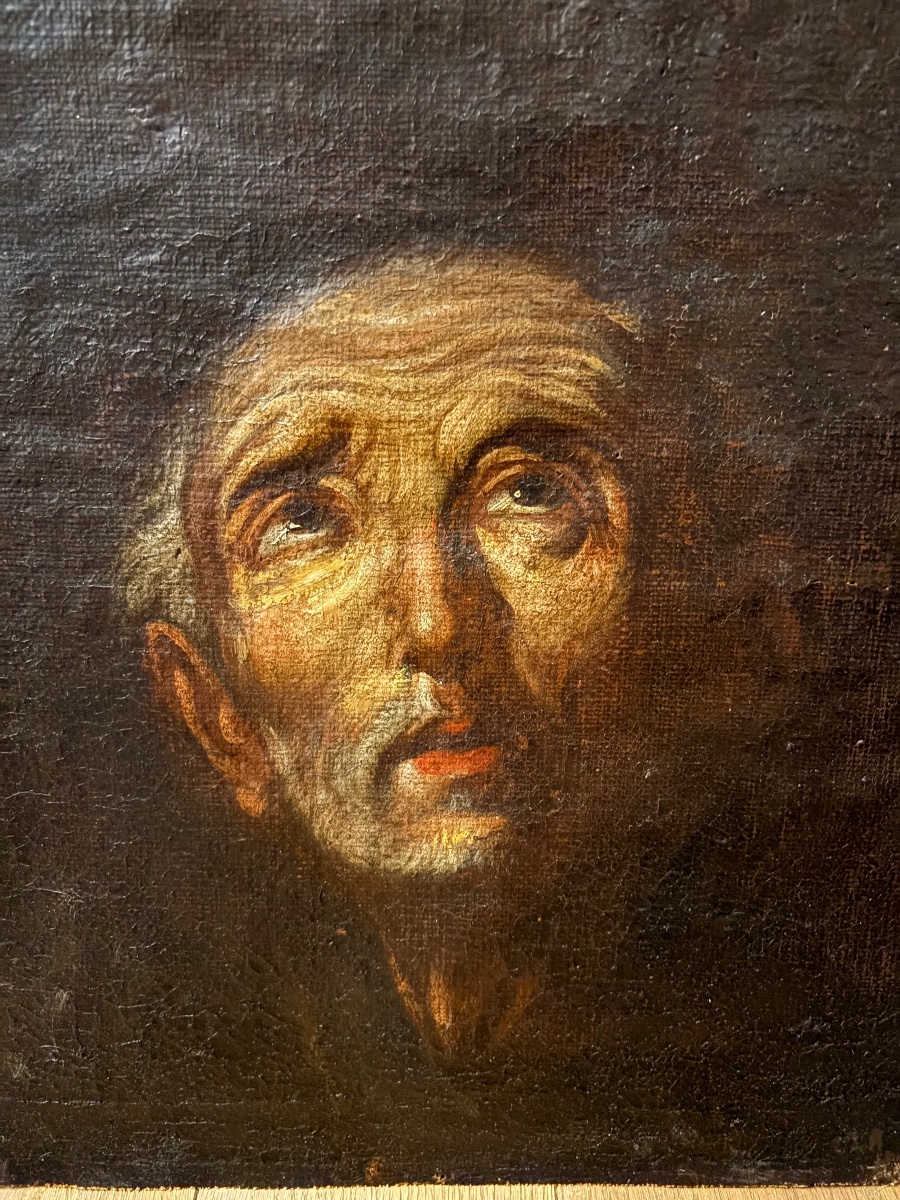Oil Portrait Of A Monk Or A Holy Man, His Eyes Turned Toward The Sky. 17th Century.