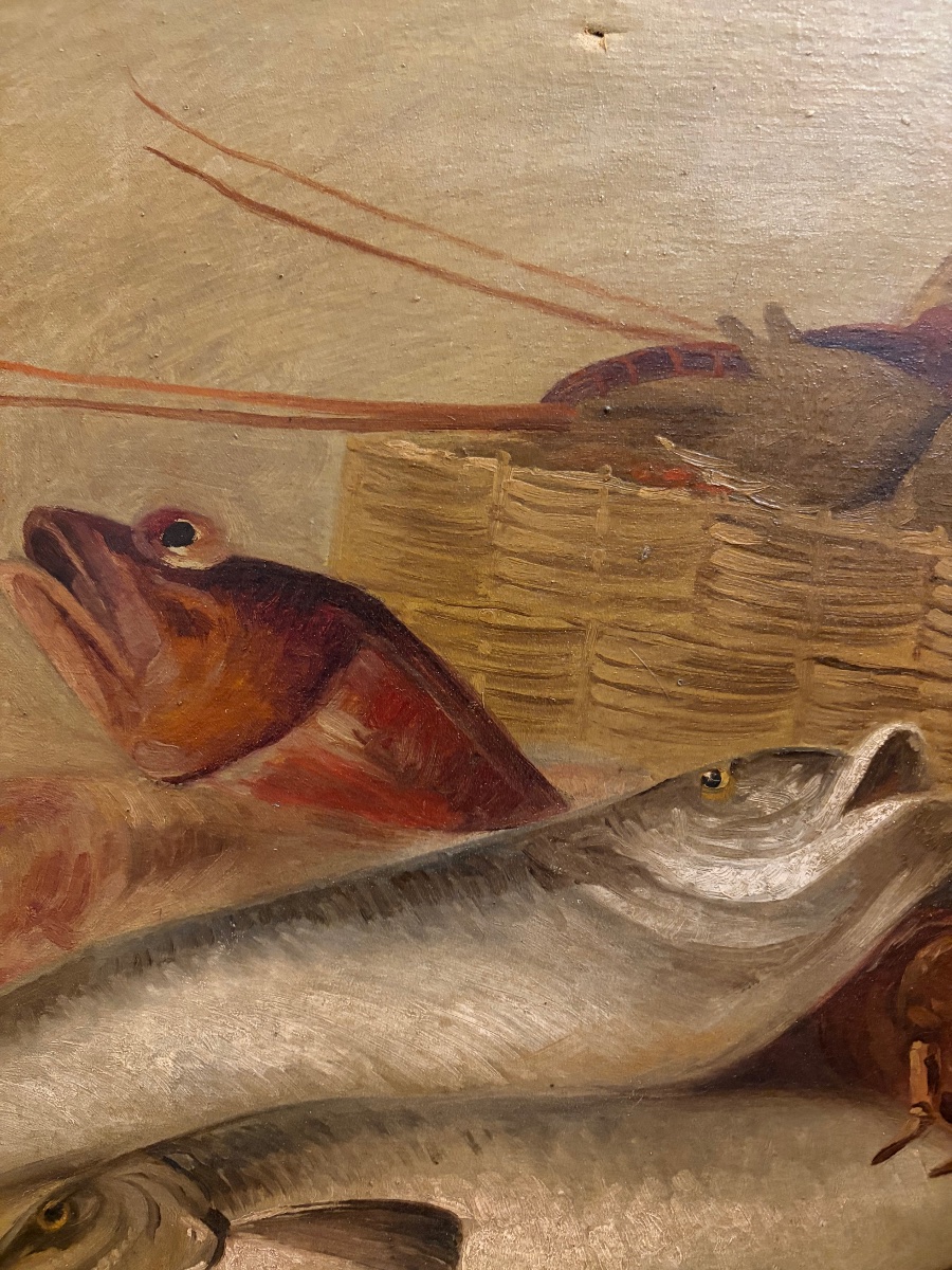 Large Oil On Canvas, Still Life Featuring Fish, A Lobster, A Basket, And Shrimp. France, 19th Century-photo-2