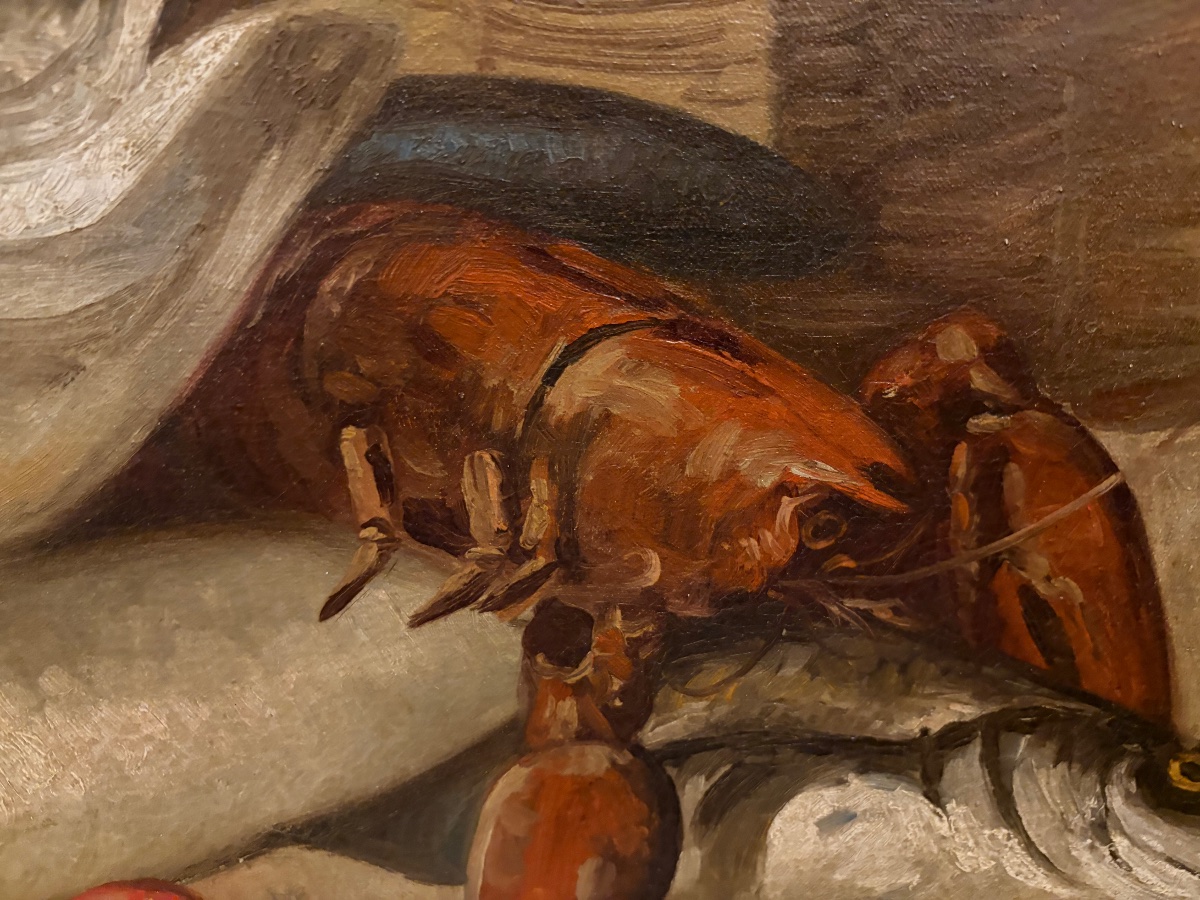 Large Oil On Canvas, Still Life Featuring Fish, A Lobster, A Basket, And Shrimp. France, 19th Century-photo-4