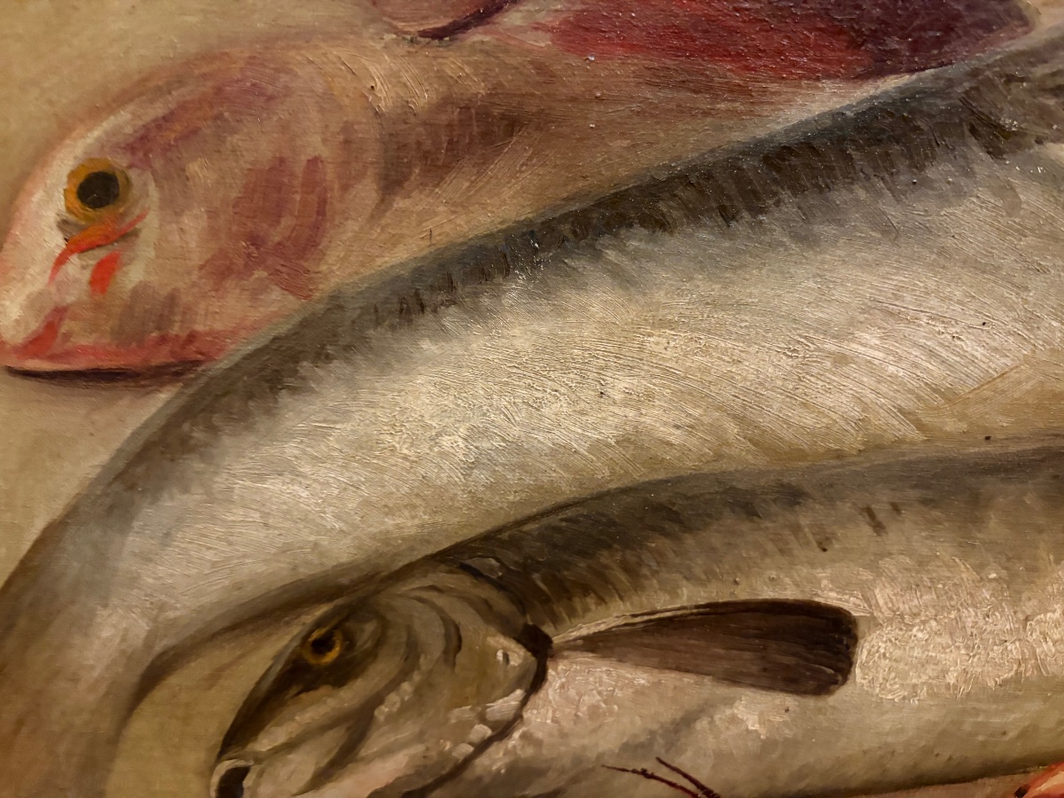 Large Oil On Canvas, Still Life Featuring Fish, A Lobster, A Basket, And Shrimp. France, 19th Century-photo-1