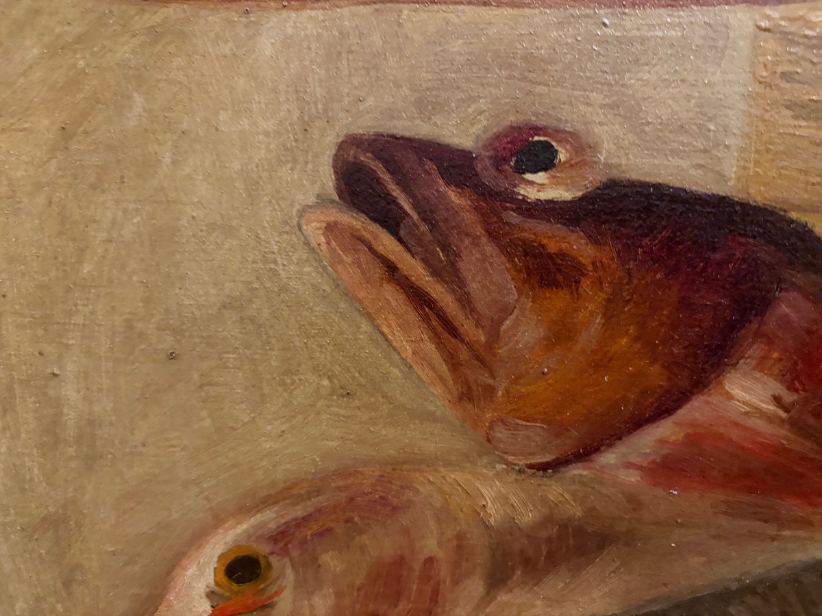Large Oil On Canvas, Still Life Featuring Fish, A Lobster, A Basket, And Shrimp. France, 19th Century-photo-2