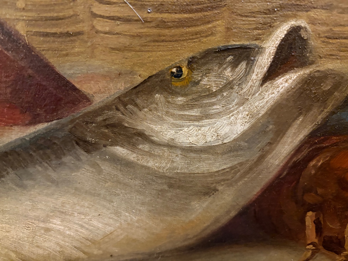 Large Oil On Canvas, Still Life Featuring Fish, A Lobster, A Basket, And Shrimp. France, 19th Century-photo-3