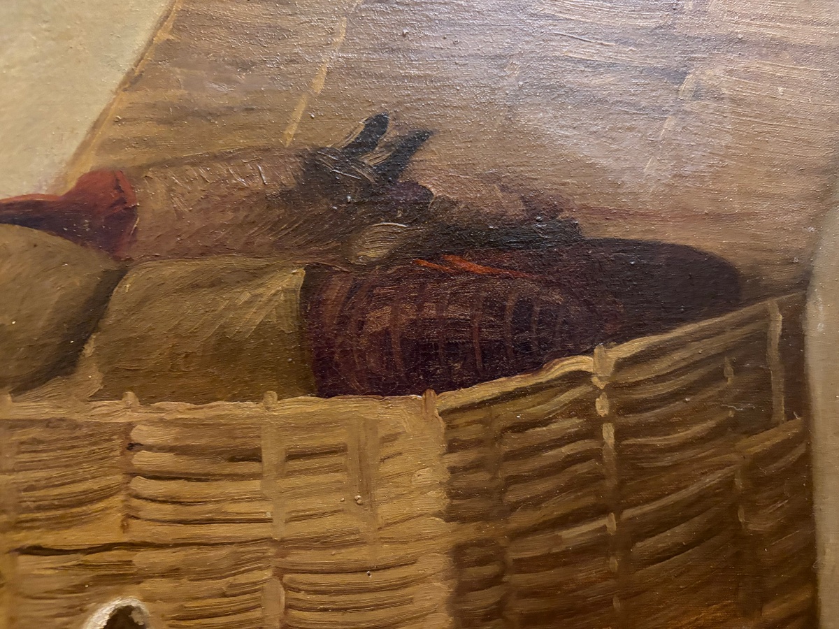 Large Oil On Canvas, Still Life Featuring Fish, A Lobster, A Basket, And Shrimp. France, 19th Century-photo-5