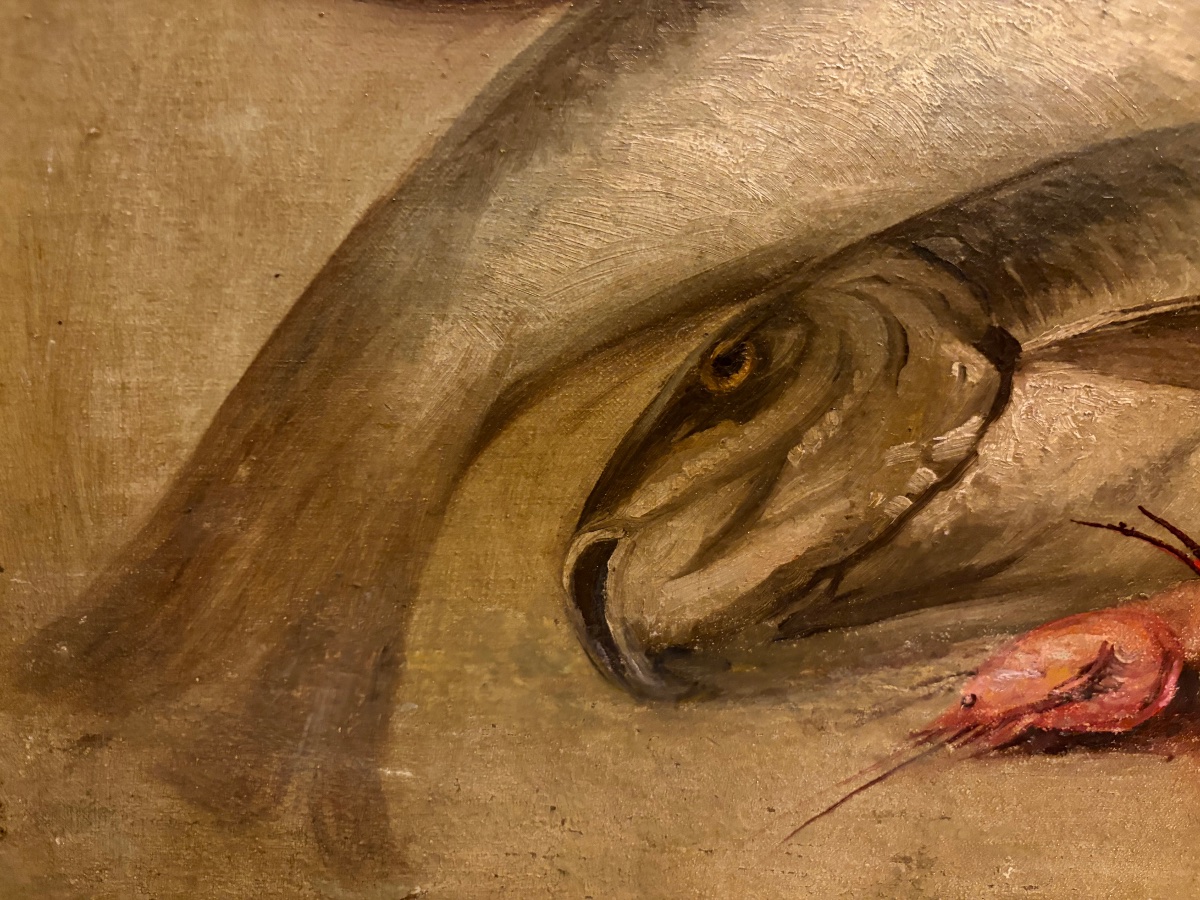 Large Oil On Canvas, Still Life Featuring Fish, A Lobster, A Basket, And Shrimp. France, 19th Century-photo-7