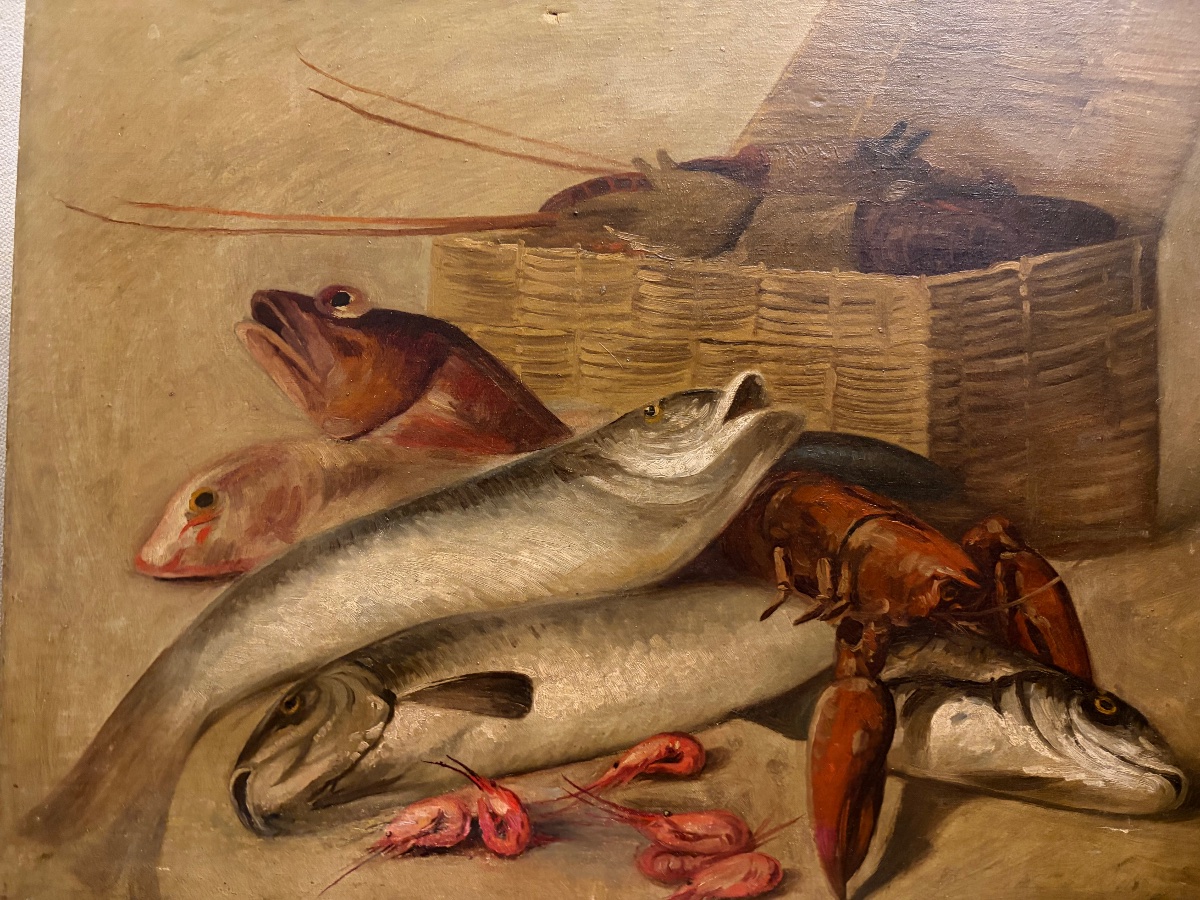 Large Oil On Canvas, Still Life Featuring Fish, A Lobster, A Basket, And Shrimp. France, 19th Century