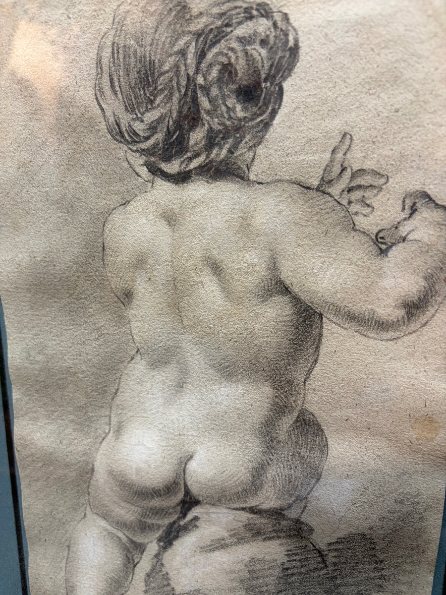 Black Chalk Drawing, Study Of A Girl Seen From Behind, 18th Century, France.-photo-2
