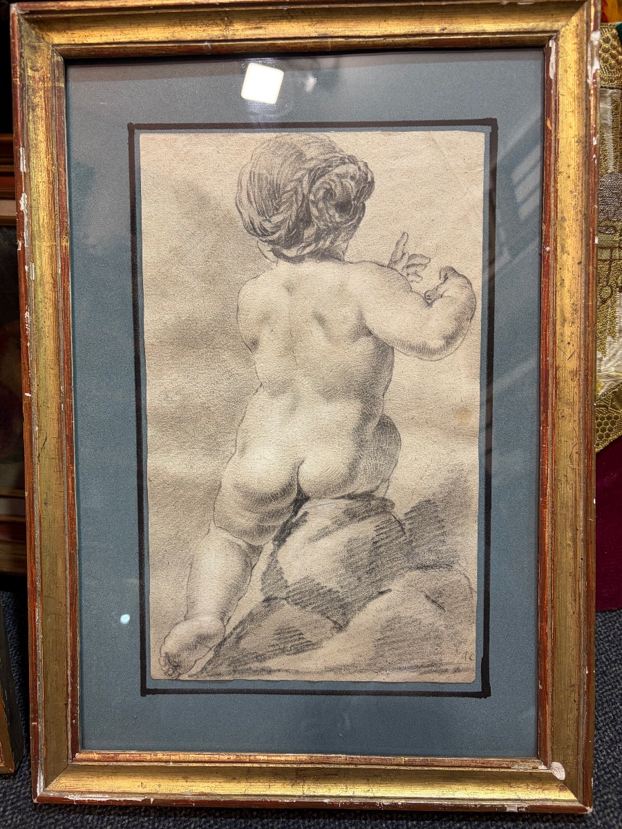 Black Chalk Drawing, Study Of A Girl Seen From Behind, 18th Century, France.