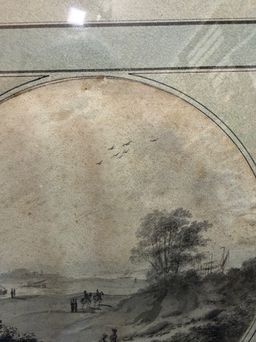 An 18th-century Drawing, Set Within A Tondo, Depicting A Lively Landscape With A River And A Boat.-photo-2