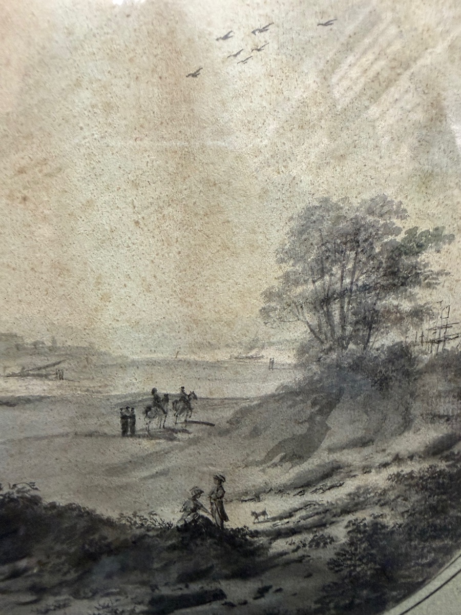 An 18th-century Drawing, Set Within A Tondo, Depicting A Lively Landscape With A River And A Boat.-photo-4