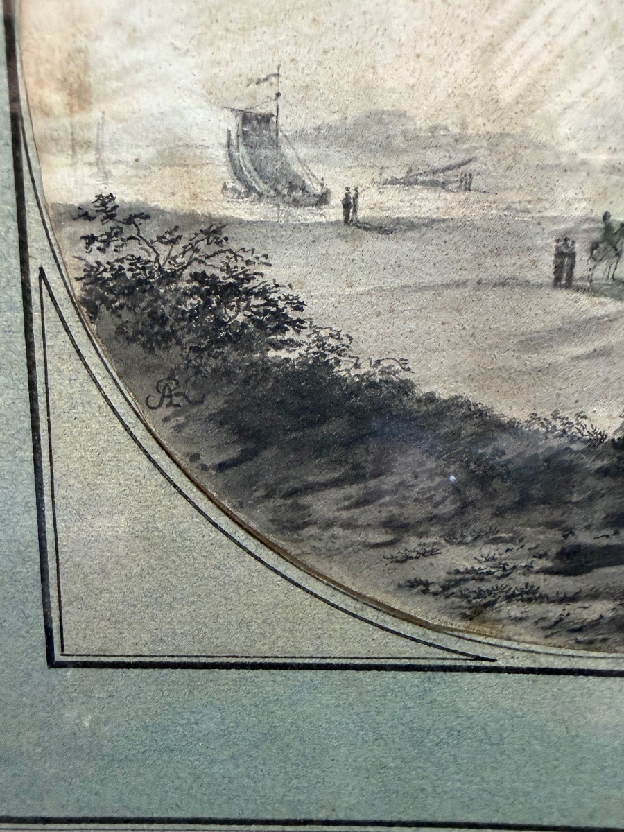 An 18th-century Drawing, Set Within A Tondo, Depicting A Lively Landscape With A River And A Boat.-photo-1