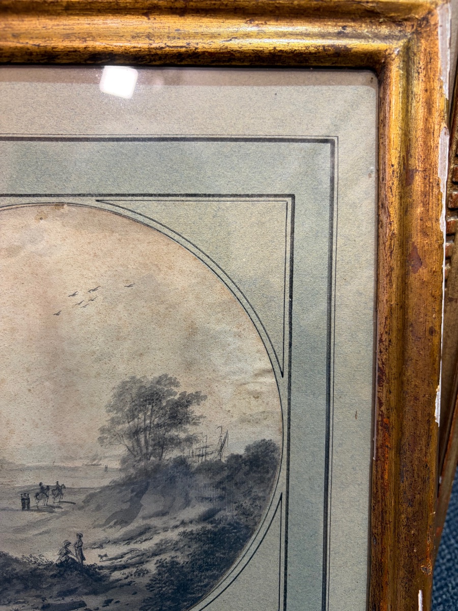 An 18th-century Drawing, Set Within A Tondo, Depicting A Lively Landscape With A River And A Boat.-photo-2