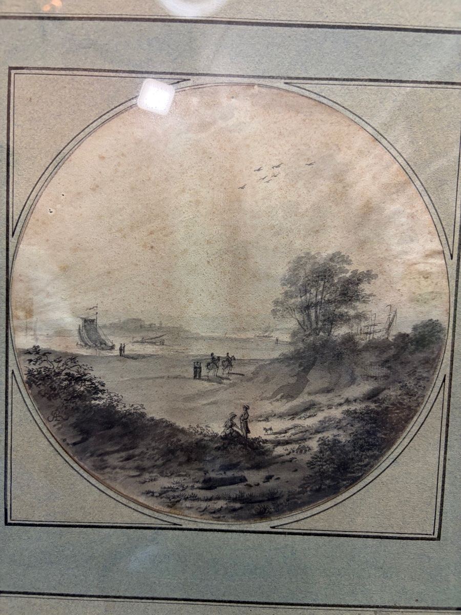 An 18th-century Drawing, Set Within A Tondo, Depicting A Lively Landscape With A River And A Boat.-photo-4