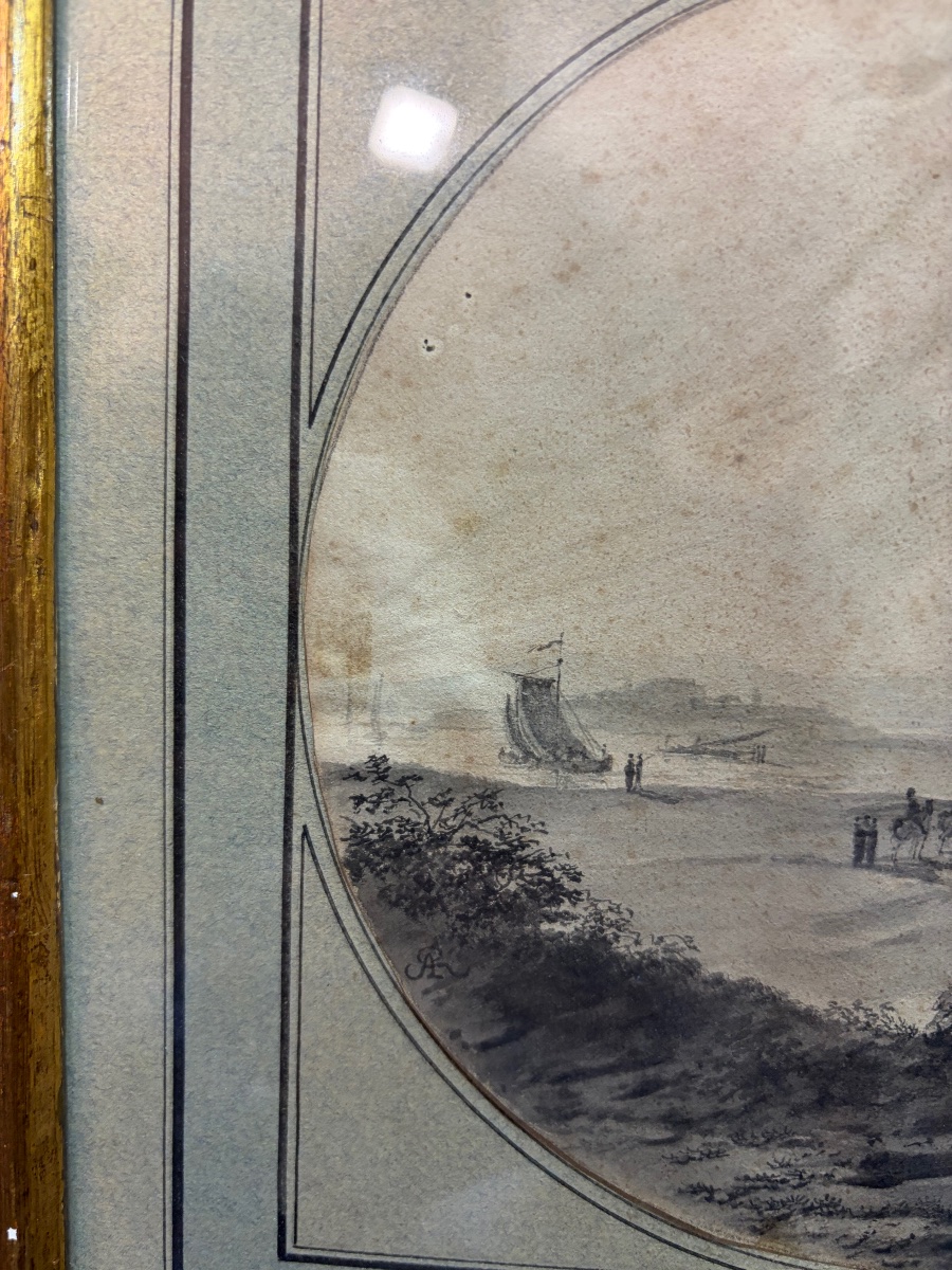 An 18th-century Drawing, Set Within A Tondo, Depicting A Lively Landscape With A River And A Boat.-photo-5