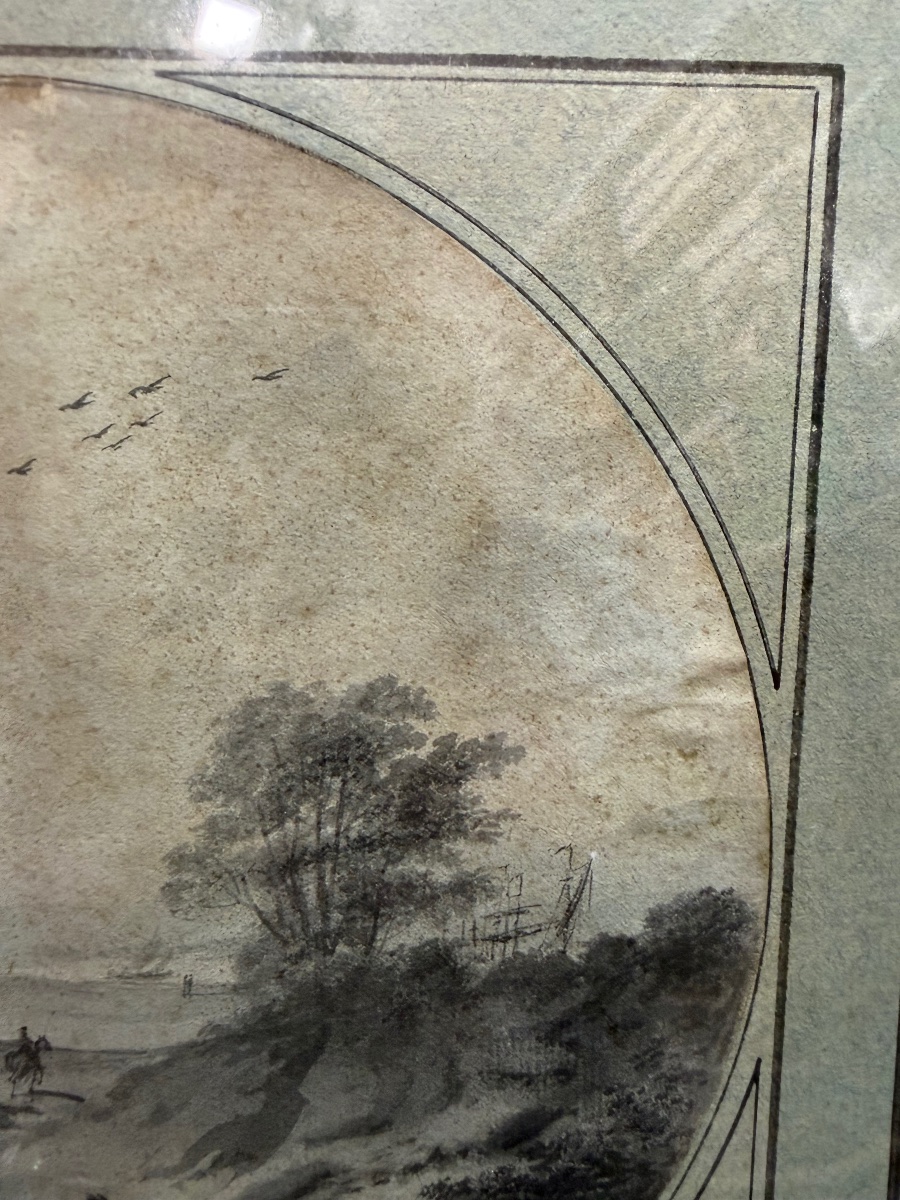 An 18th-century Drawing, Set Within A Tondo, Depicting A Lively Landscape With A River And A Boat.-photo-7