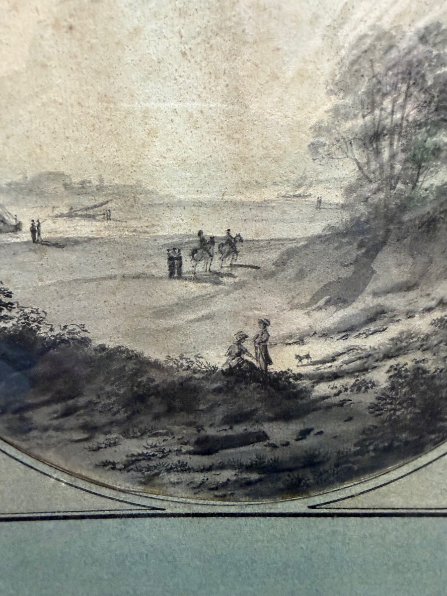 An 18th-century Drawing, Set Within A Tondo, Depicting A Lively Landscape With A River And A Boat.-photo-8