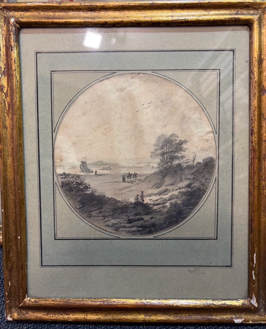 An 18th-century Drawing, Set Within A Tondo, Depicting A Lively Landscape With A River And A Boat.