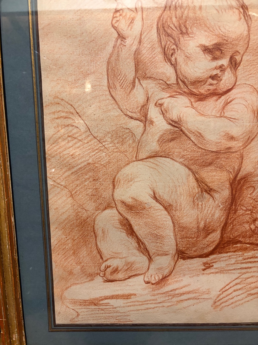 Red Chalk Drawing, Chubby Baby, In The Style Of Pigalle Or Bouchardon. 18th Century. -photo-1