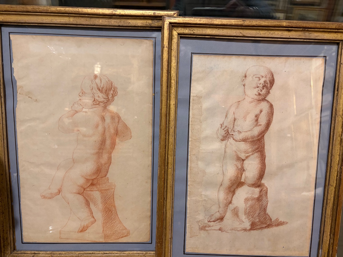 Pair Of Red Chalk Drawings, Studies Of Young Children, 18th Century, France.