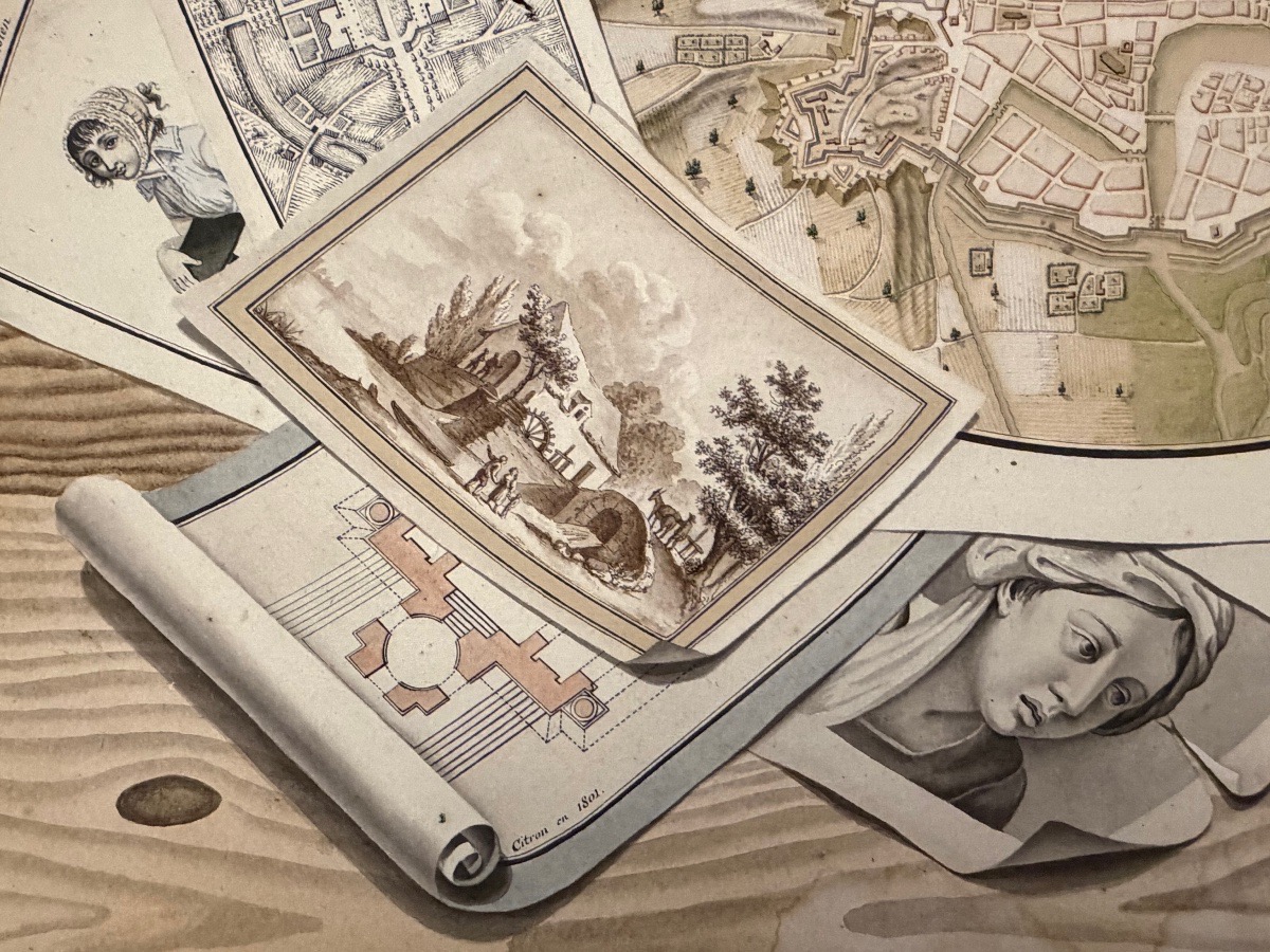 Grand trompe-l’œil à la gouache, plan de Dieppe. 1802. France. -photo-4