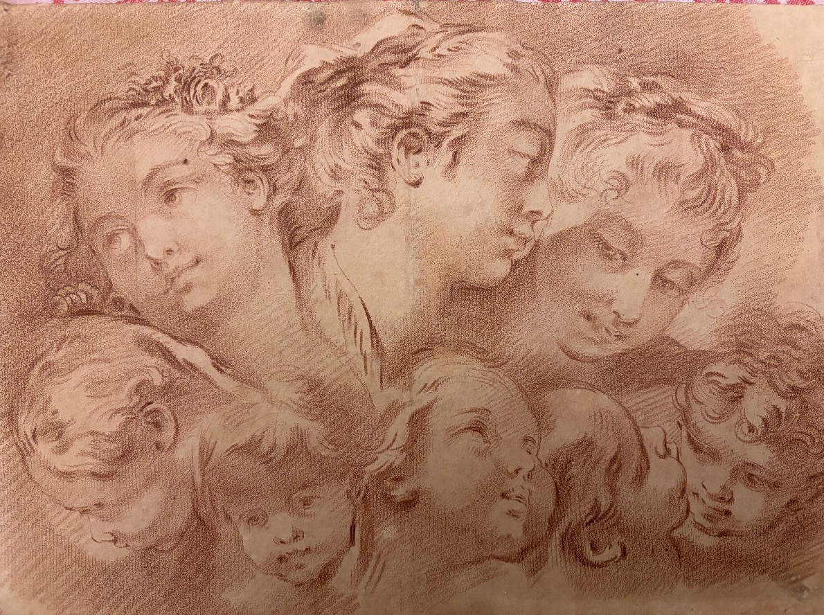 Gravure XVIII éme dans le goût de la sanguine, d’après Boucher, portraits groupés, jeunes fille