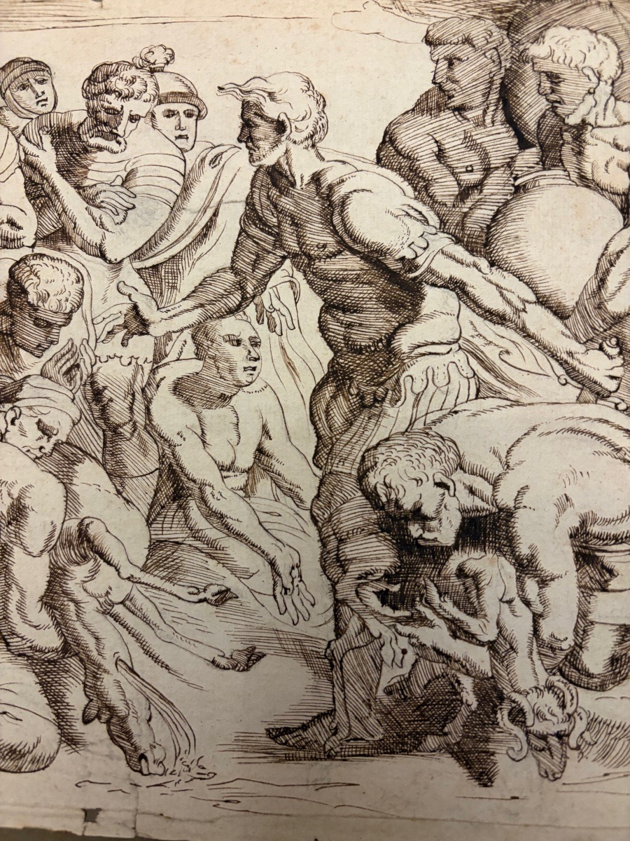 Dessin à la plume, d’après le Primatice , extrait de l’Odyssée, Ulysse égorgeant des brebis noi-photo-1